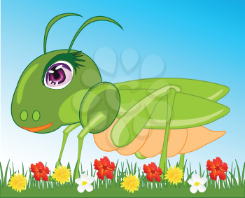 Cartoon of the green grasshopper in herb with flower