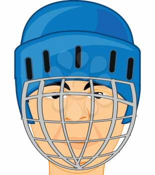 Vector illustration of the head and person men in defensive send hockey player