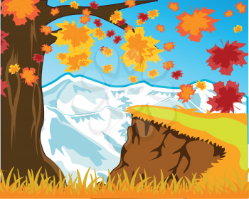 Colorful autumn landscape with falling foliage and snow mountain