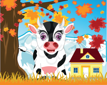 Vector illustration of the building on nature and cows on meadow