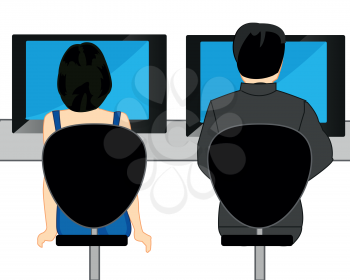 Man and woman sit for computer in office