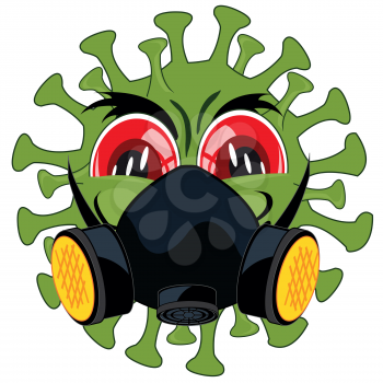 Cartoon to bacterias coronavirus in defensive mask respirator