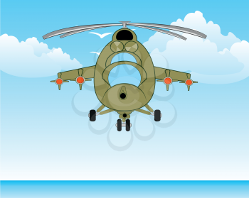 Vector illustration of the military helicopter with arms flying on by sea