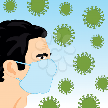 Vector illustration men in defensive mask and air polluted coronavirus