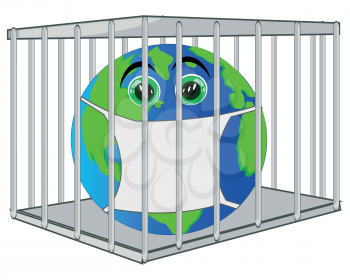Cartoon of the planet land on quarantine in hutch and defensive mask from contamination