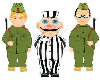 Vector illustration two soldiers to soviet army and arrested criminal