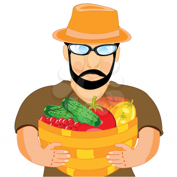 Vector illustration of the person with basket full fruit on white background is insulated