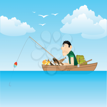 Vector illustration of the cartoon of the fisherman in boat on sea