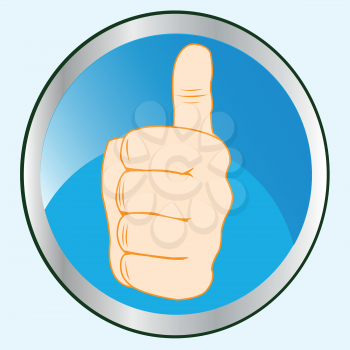 Button of the blue colour with scene of the gesture by hand on white background is insulated
