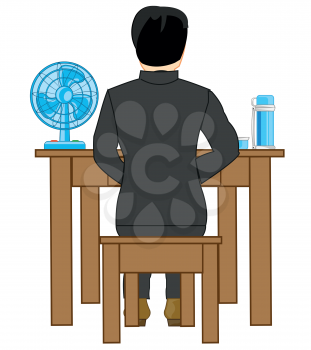 The Man sits on stool at the table.Type with backs