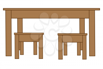 Long wooden table and two stools.Vector illustration