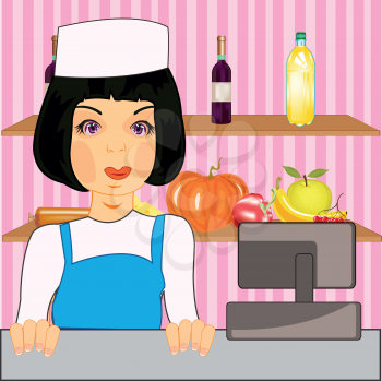 Grocery shop and beautiful girl seller.Vector illustration
