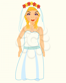 Bride in wedding gown and bridal veil on white background