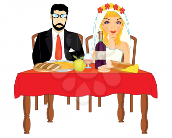 Bridegroom and bride at the table.Vector illustration