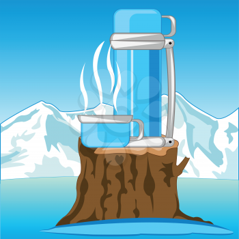 Thermos with hot tea on nature in winter.Vector illustration