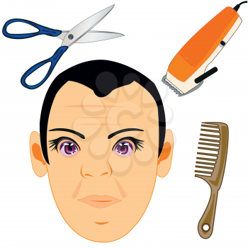 Portrait men and type-writer and scissors for haircut hair
