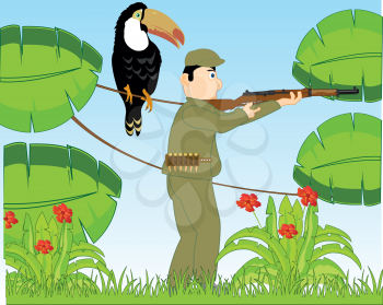 Tropical jungle with wild vegetation and huntsman with weapon
