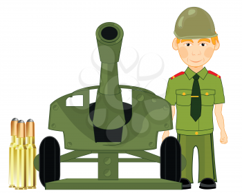 Vector illustration of the soldier of the artilleryman beside guns with amunition