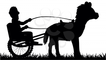 Silhouette of the horse with chaise and coachman on white background