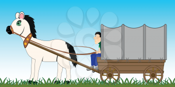 Horse with coated by tarpaulin by vehicle and coachman