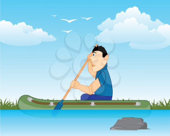 Vector illustration of the cartoon men in pneumatic boat on river