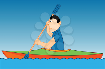 Vector illustration of the cartoon men on boat kayak fusing on wave