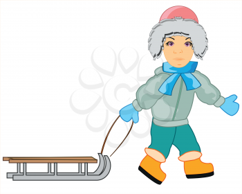 Vector illustration of the cartoon child boy with sled