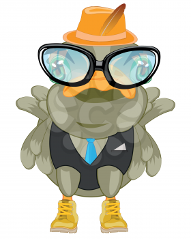 Vector illustration of the comic bird in fashionable suit and spectacles