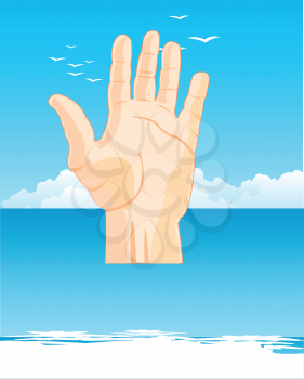 Vector illustration of the hand of the person protruding from water