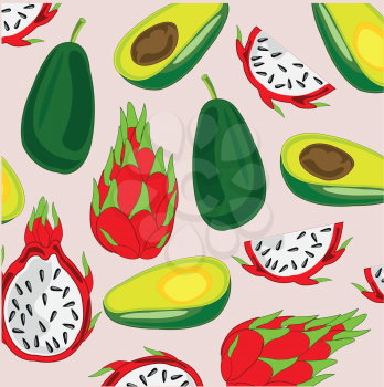 Exotic fruits pitaya and avocado decorative pattern on white background