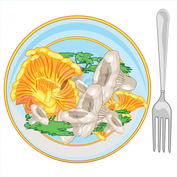 Mushroom dish and verdure on plate and tablewear fork