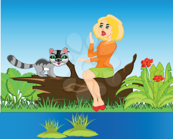 Vector illustration of the young girl and riverside cat