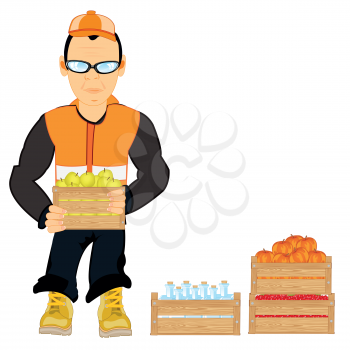 Vector illustration men worker unloading boxes with fruit