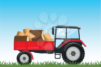 Vector illustration of the red tractor on wheel with cargo firewood