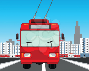 Drawing of the trolley bus moving on street of the city type frontal