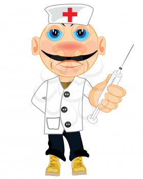 Vector illustration men physician in white robe with syringe