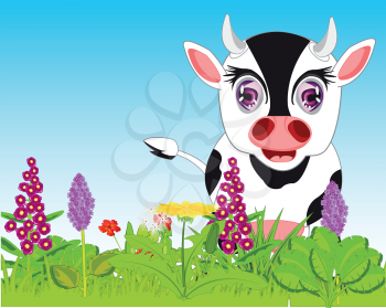 Vector illustration year glade with green plants and animal cow