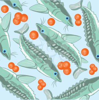 Decorative pattern of fish sturgeon and roes on turn blue background
