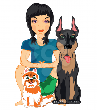 Girl with pets cat and dog on white background is insulated