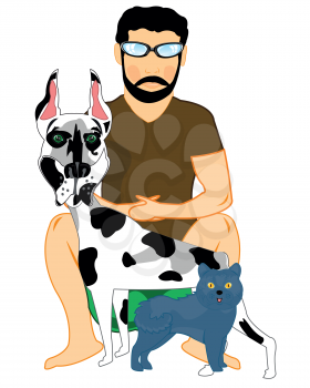 Vector illustration men with pets dog doberman and cat