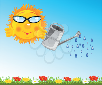 Cartoon sun with sprinkling can waterring water flower on green glade