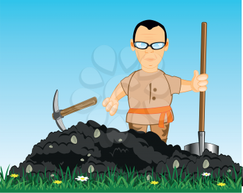 Vector illustration men digging land with shovel and pickax