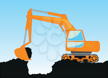 Vector illustration of the special technology excavator digging ground by scoop