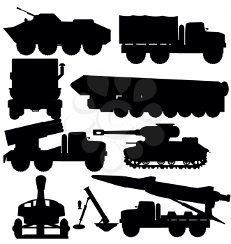Silhouettes of the technology and weapons on white background is insulated