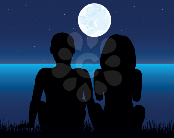 Silhouettes men and women sitting beside yard moon in the night