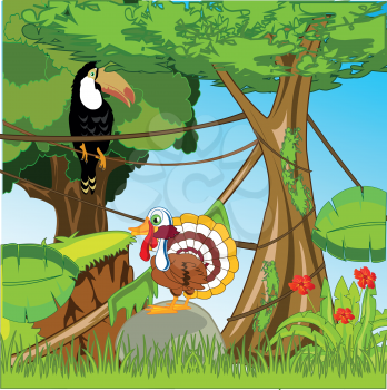 Bright and colorful green tropical wood with exotic bird cartoon