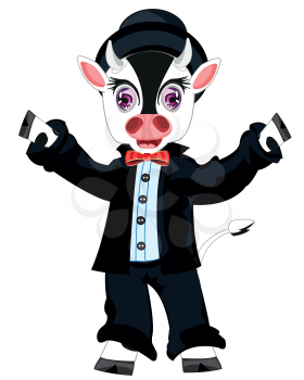 Comic personage animal cow in suit on white background
