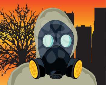 Persons in gas mask and defensive suit on background of the apocalypse