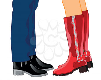 Male and feminine legs in footwear on white background