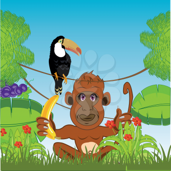 Animal gorilla and banana on background green jungle